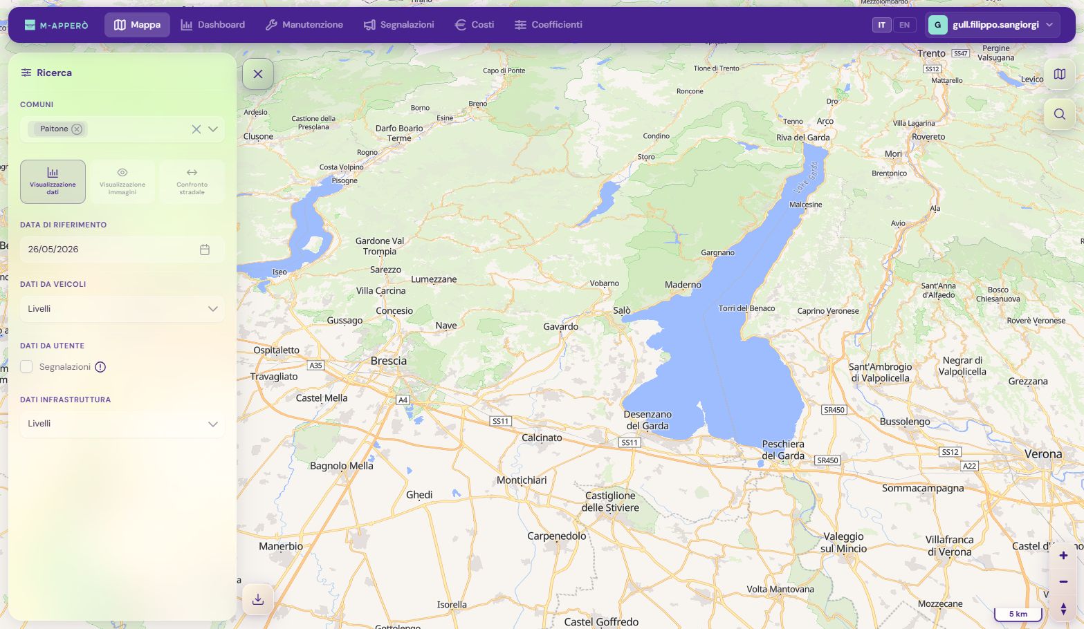 Console M-APPERO con mappa e filtri sul territorio di Paitone